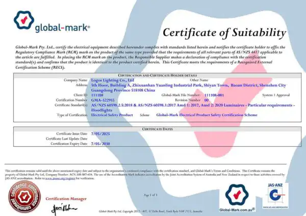 LogosLED SAA Cert for Flood Light(LED High Mast Light)