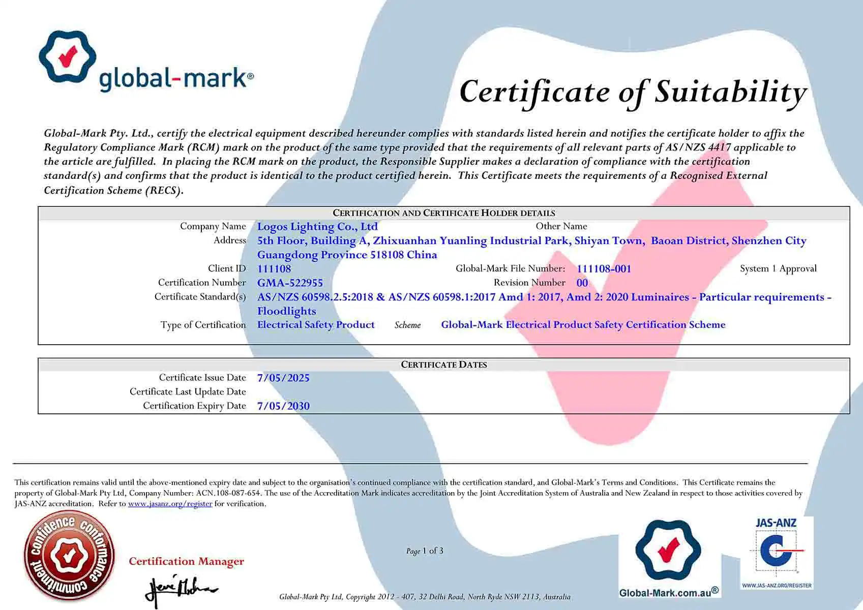 LogosLED SAA Cert for Flood Light(LED High Mast Light)