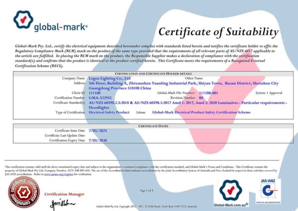 LogosLED SAA Certificate for LED Flood Light LogosLED SAA Certificate for LED Flood Light