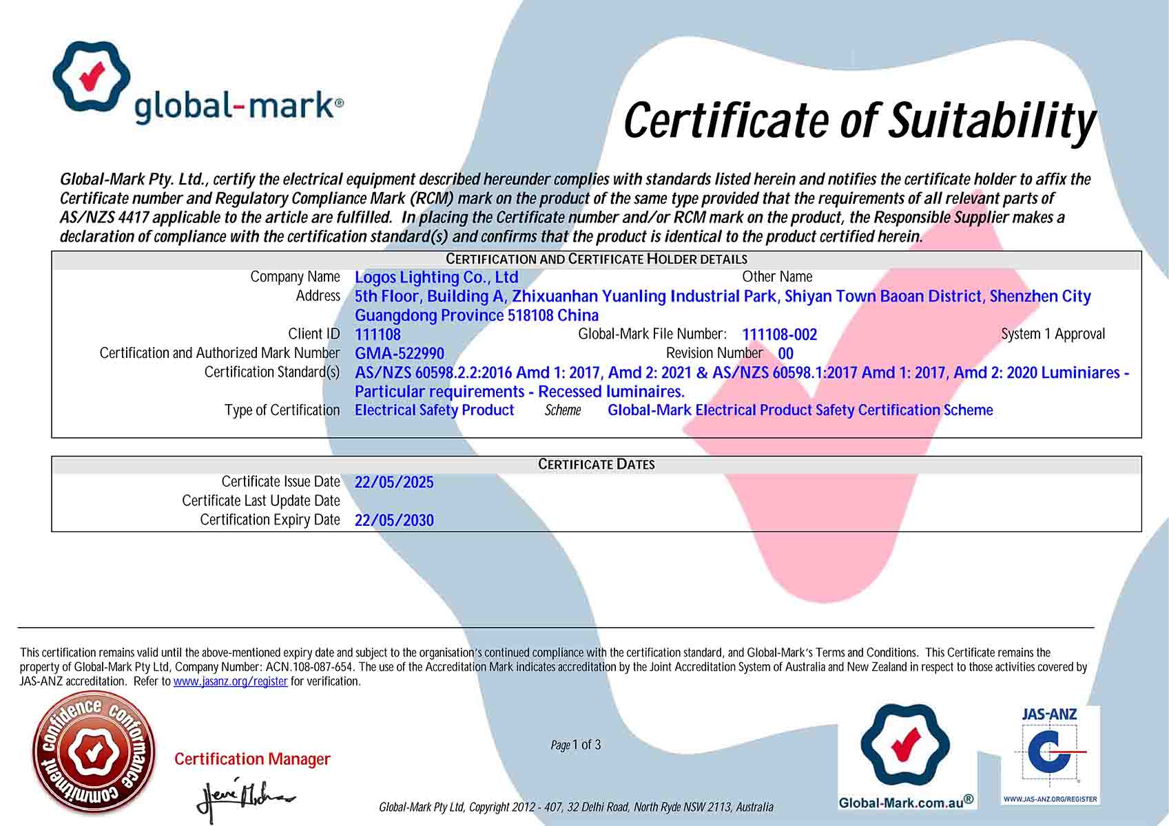 LogosLED SAA Certificate for LED Panel Light