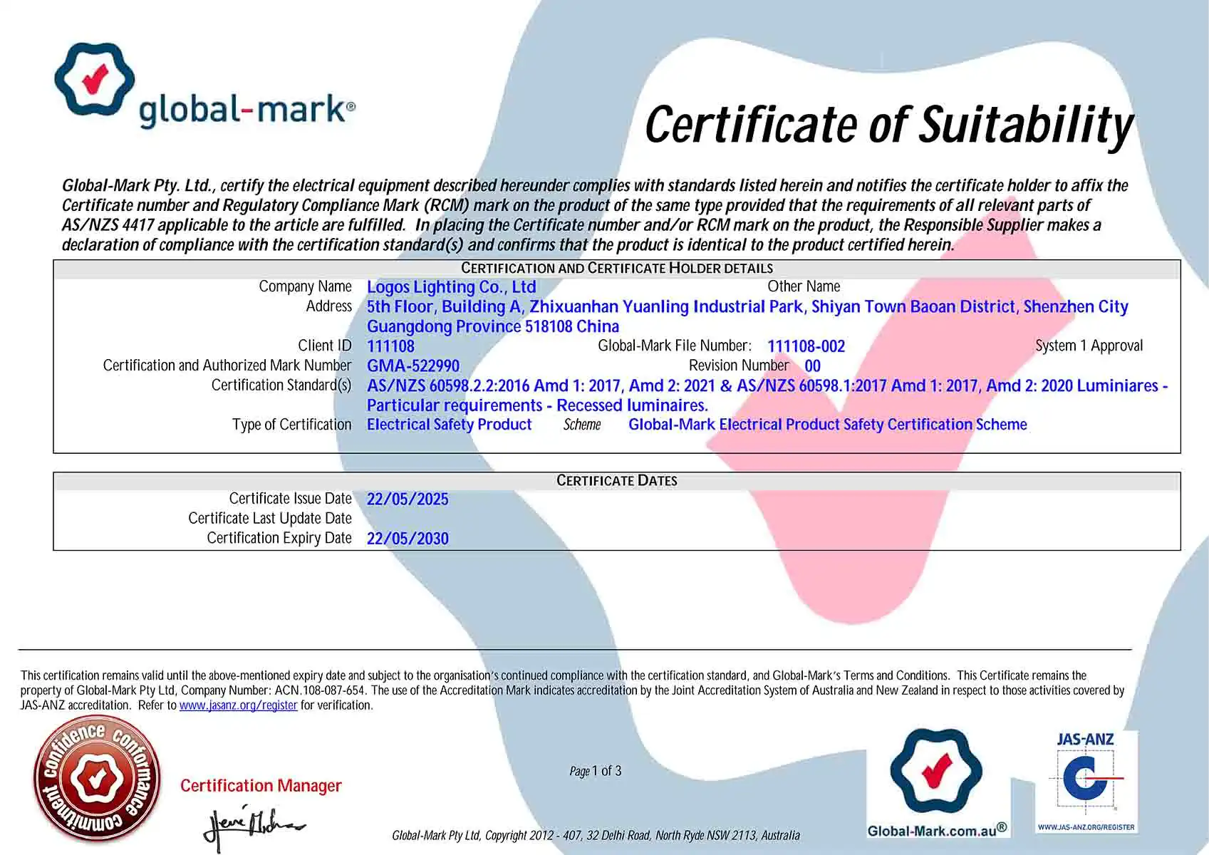 LogosLED SAA Certificate for LED Panel Light