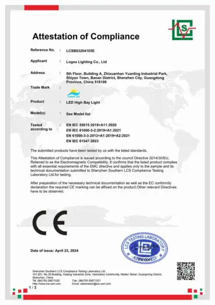 LogosLED CE-EMC Cert for LED High Bay Light_New LogosLED CE-EMC Cert for LED High Bay Light_New