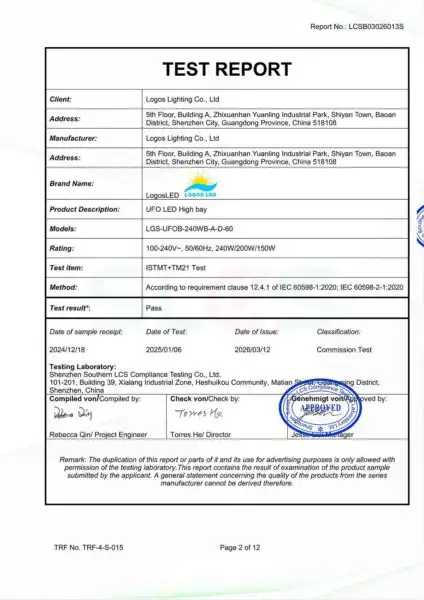 TM21 Testing Report of LED High Bay Light