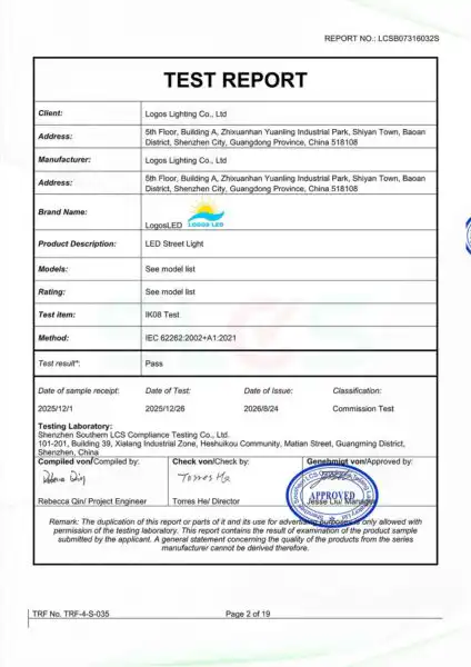 LogosLED IK08 Testing Report for LED Street Light