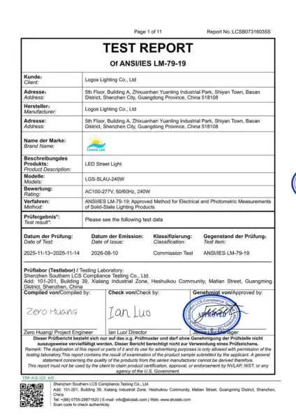 LogosLED LM79 Testing Report for LED Street Light