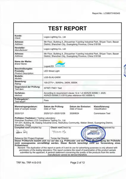 LogosLED TM21 Testing Report for LED Street Light